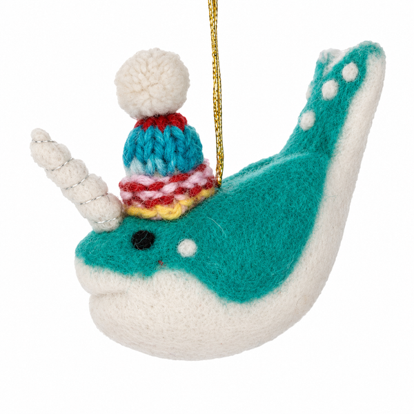 Felt narwhal Christmas ornament in teal and white wool.
Narwhal ornament with spiral tusk and colorful winter hat topped with a pom-pom.
2 x 6.5 inch wool arctic animal ornament with hanging cord.