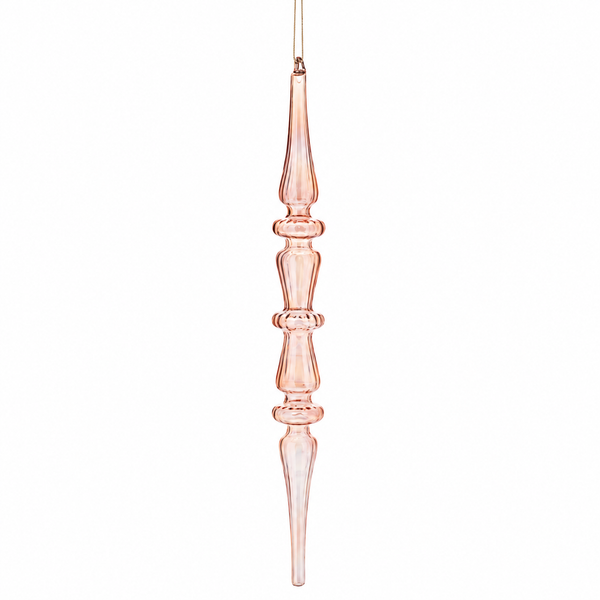 Blush glass icicle drop finial ornament with three rounded ring accents.
Long glass Christmas ornament hanging from a thin cord.
Glass icicle finial ornament measuring 1.25 x 12 inches.