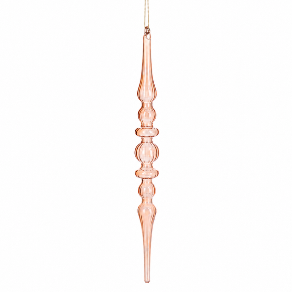 Blush glass icicle drop finial ornament with two rounded ring accents.
Long glass Christmas ornament hanging from a thin cord.
Glass icicle finial ornament measuring 1.25 x 12 inches.