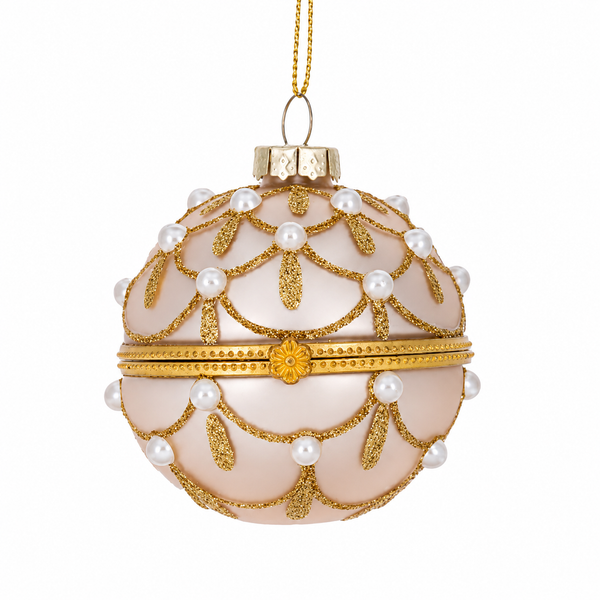 Blush pink glass ball hinged box ornament with gold glitter detailing.
Round jeweled ornament with pearl-like beads and gold center band.
2.5 x 3 inch glass Christmas ornament with elegant blush and gold accents.