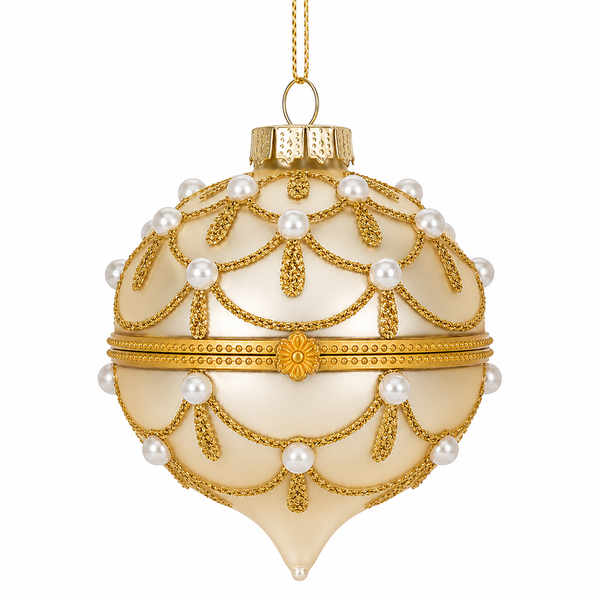 Ivory glass onion hinged box ornament with gold glitter swags.
Jeweled Christmas ornament with pearl-like beads and gold center band.
2.5 x 3 inch glass ornament with ivory finish and onion shape.