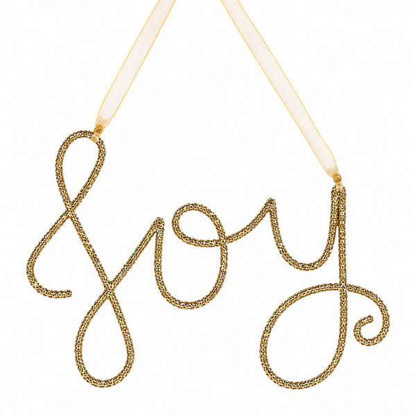 Gold glitter Joy ornament in script lettering hanging from ribbon.
Plastic Christmas word ornament spelling Joy with a sheer gold ribbon.
5.5 x 3.25 inch Joy ornament for tree, wreath, or garland décor.