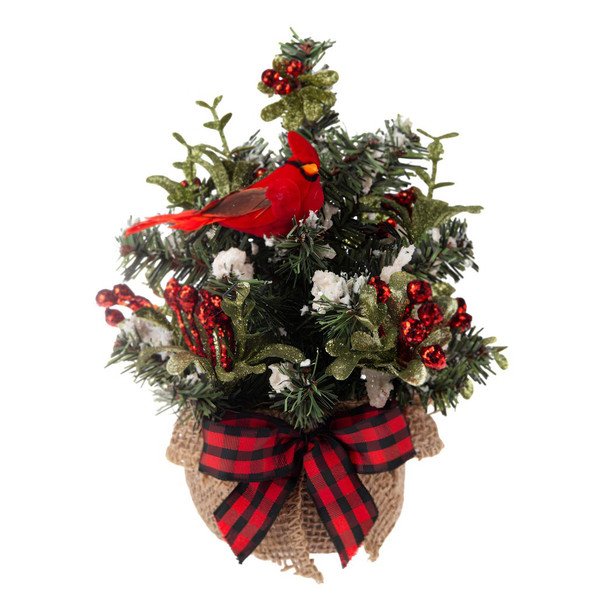 Mini evergreen tree with red cardinal, berries, snow accents, and plaid bow.
Small tabletop Christmas tree in a brown burlap base with woodland details.
8 inch plastic mini cardinal evergreen tree for holiday display.