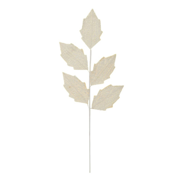 White leaf spray with glittered leaves on a long white stem.
Artificial winter leaf stem for Christmas trees, wreaths, and garlands.
21 inch polyester, plastic, paper, and wire white decorative spray.