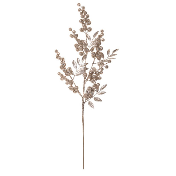 Tall metallic berry spray with clustered berries and small leaf accents.
Artificial decorative berry stem for Christmas trees, wreaths, and garlands.
29 inch plastic, foam, and metal berry spray on a white background.