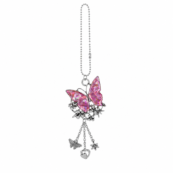 Silver-tone butterfly car charm with faceted pink wings and floral accents.
Zinc hanging charm with butterfly, flowers, and dangling mini charms.
Butterfly car charm with ball-chain hanger, measuring 2 x 4.5 inches.