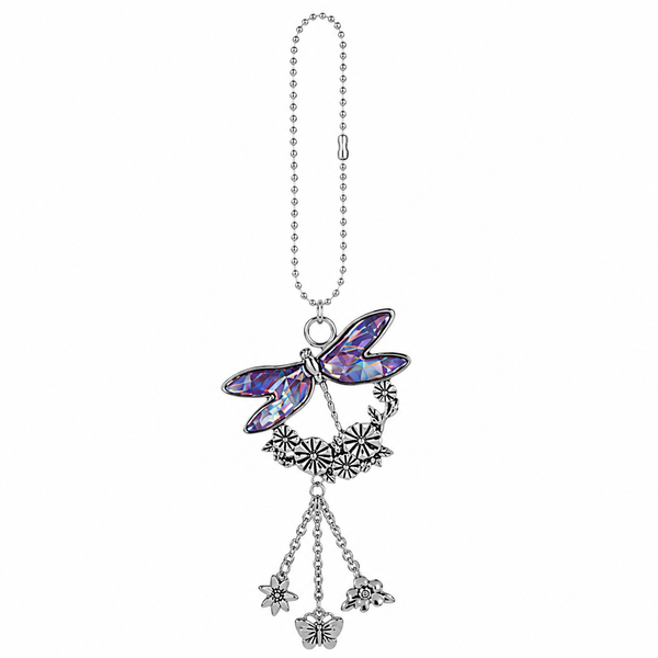 Silver-tone dragonfly car charm with iridescent purple-blue wings and floral accents.
Zinc hanging charm featuring a dragonfly, flowers, and dangling decorative charms.
Dragonfly car charm with ball-chain hanger, measuring 2 x 4.5 inches.
