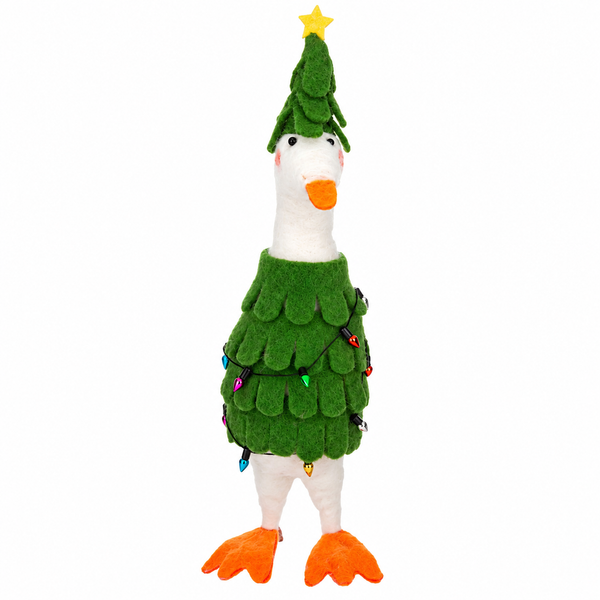 Handcrafted goose figurine wearing a green Christmas tree costume with yellow star topper.
White wool-look goose with orange beak and feet, wrapped in colorful holiday lights.
Christmas tree goose tabletop figurine made of wool, polyfoam, and polyester.