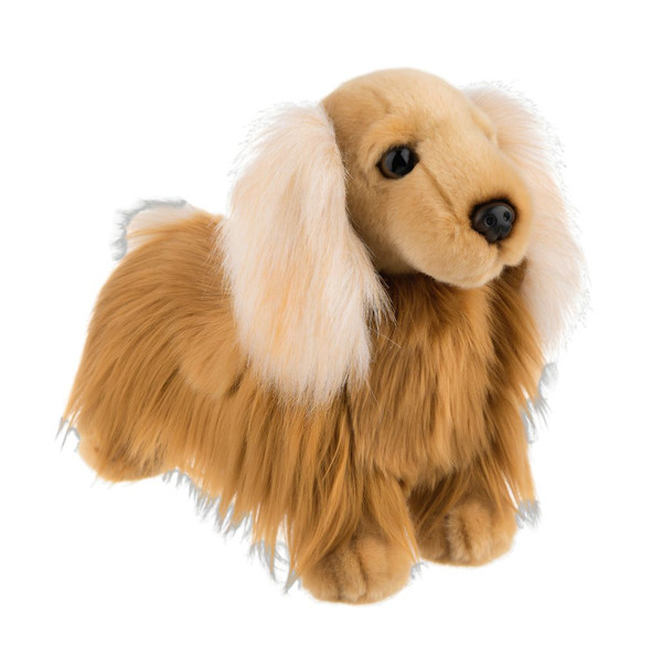 Tan plush long-haired dachshund with floppy ears and soft fur.
12 inch Heritage Collection plush dog with low dachshund body shape.
Long-haired dachshund stuffed animal with black nose and realistic puppy details.