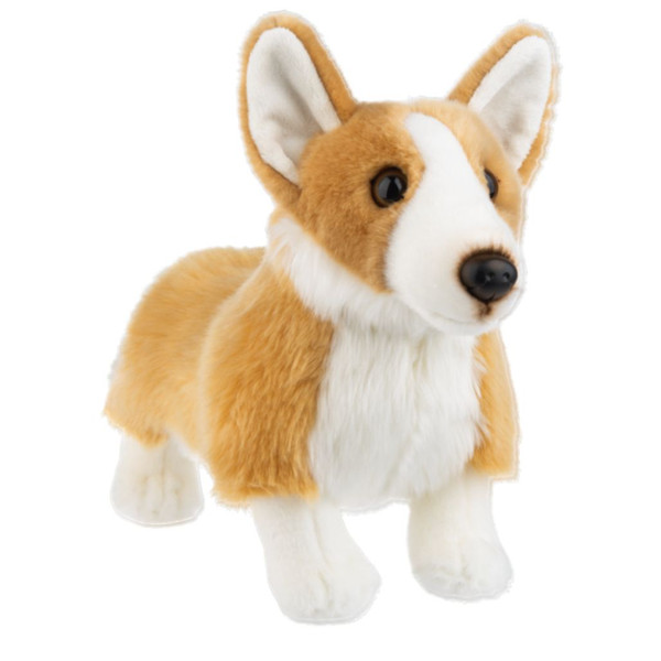 Tan and white plush Pembroke Welsh Corgi with upright ears.
12 inch Heritage Collection plush dog with fluffy white chest and paws.
Pembroke Welsh Corgi stuffed animal with black nose and standing pose.
