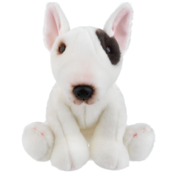 White plush Bull Terrier with upright ears and dark patch around one eye.
12 inch Heritage Collection plush dog seated with soft white fur.
Bull Terrier stuffed animal with black nose, pink ears, and rounded paws.