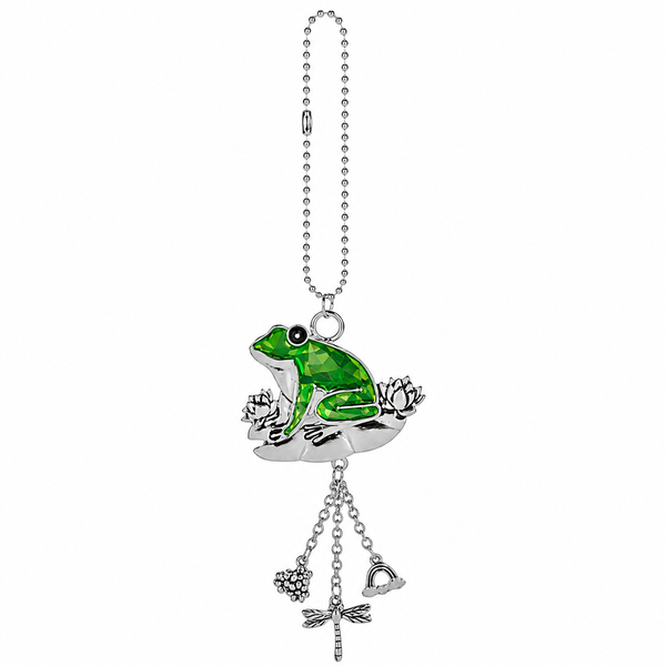 Green faceted frog car charm sitting on a silver-tone lily pad with floral details.
Decorative zinc charm with dangling dragonfly, rainbow, and cluster accents.
2 x 4.5 inch hanging accessory with silver-tone bead chain.