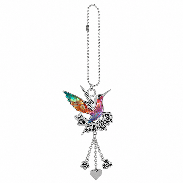 Colorful hummingbird car charm with silver-tone floral accents and bead chain.
Decorative zinc hanging charm with bright stained-glass-style wings and body.
2 x 4.5 inch hummingbird charm with dangling flower and heart accents.