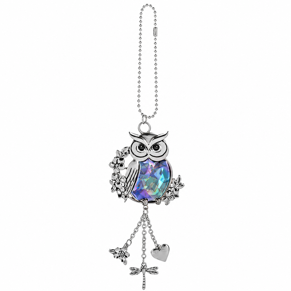 Silver-tone owl car charm with iridescent faceted body and floral accents.
Decorative zinc hanging charm with dangling flower, dragonfly, and heart accents.
2 x 4.5 inch owl charm with bead chain for vehicle or decorative display.