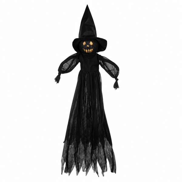 Animated Halloween witch decoration with illuminated jack-o-lantern face and tall black witch hat.
Hanging black fabric witch figure with flowing sleeves and tattered skirt details.
Battery-operated talking Halloween décor made with plastic construction.