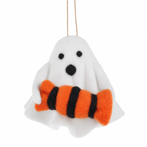 White felt ghost ornament holding orange and black Halloween candy.
Handcrafted Halloween ghost ornament with hanging twine loop.
Polyester and wool ghost candy ornament measuring 3.5 inches.