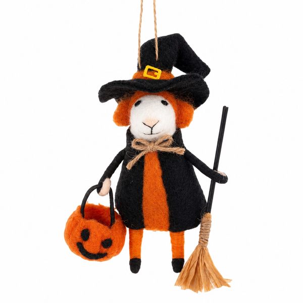 Handcrafted felt mouse ornament dressed as a witch with black hat.
Halloween witch mouse ornament holding broom and pumpkin treat bucket.
Polyester and wool witch mouse ornament measuring 4 x 4.75 inches.
