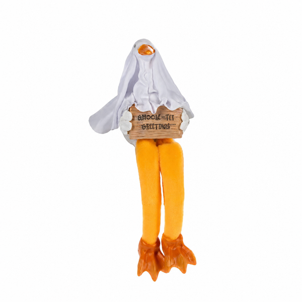Duck shelfsitter wearing a white ghost costume and holding a sign.
Halloween duck figurine with orange dangling legs and webbed feet.
Polyresin ghost duck shelf sitter for seasonal tabletop décor.