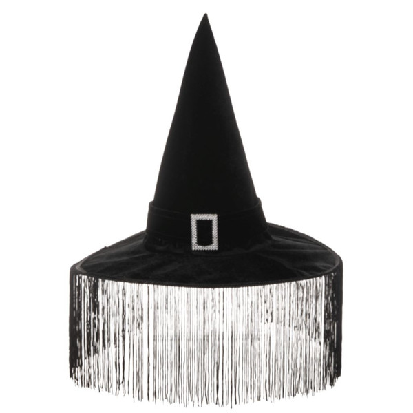 Black witch hat with long dangling fringe and buckle detail.
Pointed polyester Halloween witch hat with wide brim.
Fringe Witch Hat measuring 13 inches for Halloween styling.