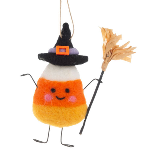 Handcrafted candy corn witch ornament with black hat and broom.
Soft polyester and wool Halloween ornament with wire arms and legs.
Orange, yellow, and white candy corn ornament with hanging cord.