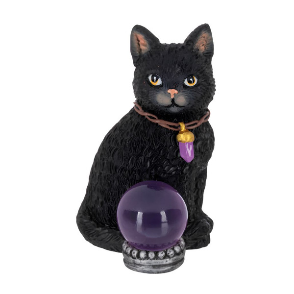 Black cat figurine sitting behind a purple crystal ball.
Polyresin clairvoyant cat with purple crystal pendant and bright eyes.
3.5-inch Halloween cat figurine for tabletop or shelf display.