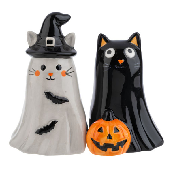 Halloween cat and ghost ceramic salt and pepper shaker set with jack-o’-lantern accent.
Glossy black cat shaker beside a white ghost wearing a black witch hat.
4.25-inch ceramic Halloween tabletop salt and pepper shaker set.