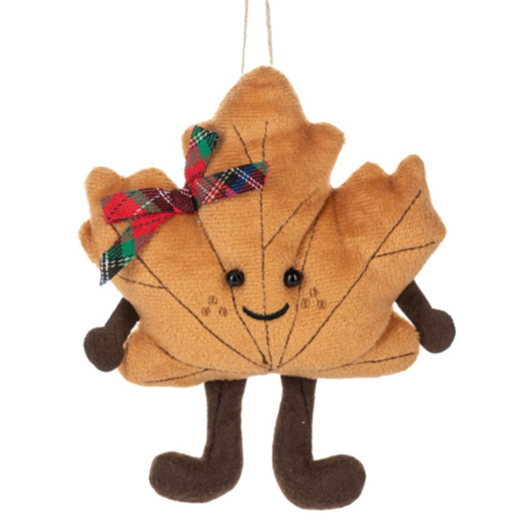 Soft polyester maple leaf ornament with a smiling face and stitched veins.
Fall leaf ornament with plaid bow, dangling legs, and hanging loop.
5.25 inch autumn ornament for trees, garlands, hooks, and displays.