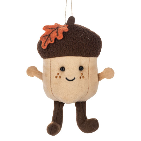 Soft polyester acorn ornament with smiling face and stitched details.
Fall acorn ornament with orange leaf accent, arms, and dangling legs.
5.25 inch autumn hanging ornament for trees, garlands, and displays.