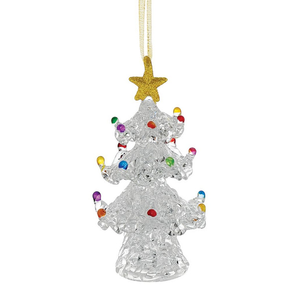 Clear spun glass Christmas tree ornament with colorful bulb accents and glittered gold star topper.

4-inch Enesco Facets ornament featuring transparent textured glass and multicolor holiday light details.

Decorative glass Christmas tree ornament with hanging ribbon, glitter accents, and festive seasonal styling.