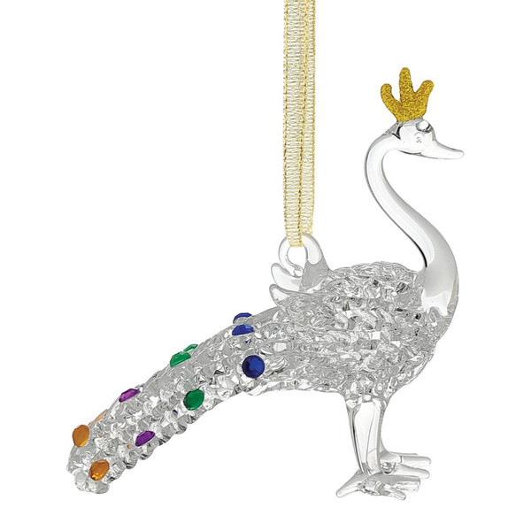 Clear spun glass peacock ornament with colorful jewel-tone accents and a glittered gold crown.

3.37-inch Enesco Facets peacock ornament featuring textured glass details and an elegant flowing tail.

Decorative glass peacock Christmas ornament with hanging ribbon and sparkling multicolor embellishments.