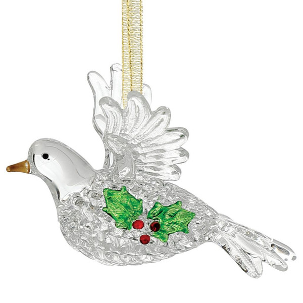Clear spun glass dove ornament with raised wings, holly leaves, and red berry accents.

2.25-inch Enesco Facets dove ornament featuring detailed textured glass and festive holiday accents.

Decorative glass dove Christmas ornament with hanging ribbon and symbolic peace-inspired design.