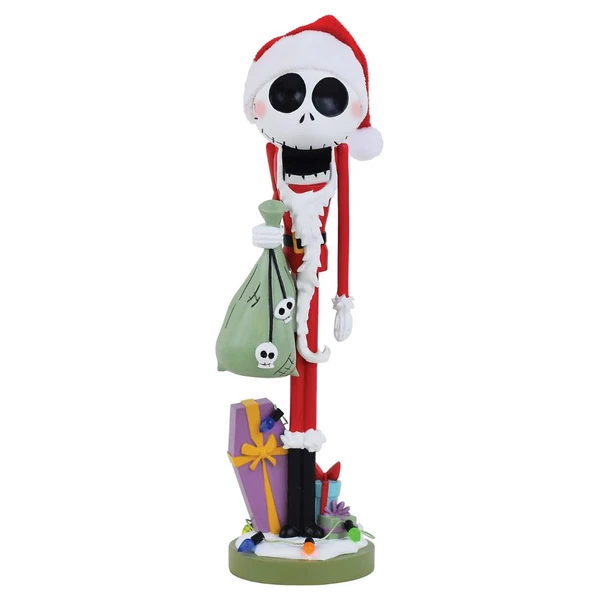 Disney Showcase Santa Jack Skellington decorative nutcracker holding a gift sack beside wrapped presents.

8.46-inch Jack Skellington holiday figurine dressed in a Santa suit with festive seasonal details.

Hand-painted Nightmare Before Christmas collectible featuring gifts, holiday lights, and a decorative nutcracker design.