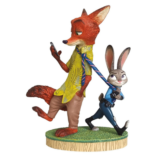 Disney Showcase figurine featuring Nick Wilde and Judy Hopps from Disney's Zootopia.

Hand-painted polyresin collectible showing Judy pulling Nick forward with his tie.

8.07-inch anniversary figurine celebrating 10 years of Disney's Zootopia.