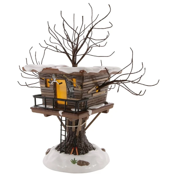 Department 56 Snow Village Kevin’s Tree House with snowy roof, bare branches, pirate flag, and lit windows.
Home Alone Kevin’s Tree House figurine showing wood-look hideout, ladder, railing, snow base, and USB light cord.
Rear view of lighted tree house with USB cord and adapter, winter branches, snowy roof, and warm window glow.