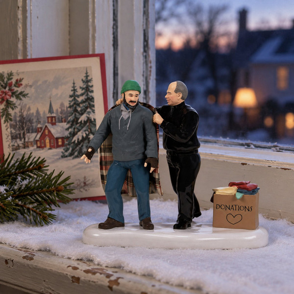 Department 56 Snow Village 50th Warmed In His Grace Accessory – collectible Christmas village piece displayed in a cosy home