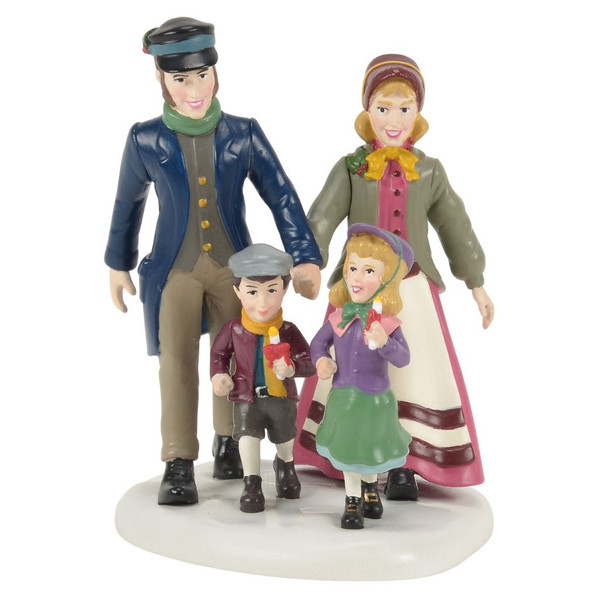Department 56 Dickens Village 50th Christingle Procession family accessory with children holding candles.
Victorian-style family figurine walking together on a white village base.
Dickens Village resin accessory showing a Christingle procession from multiple angles.