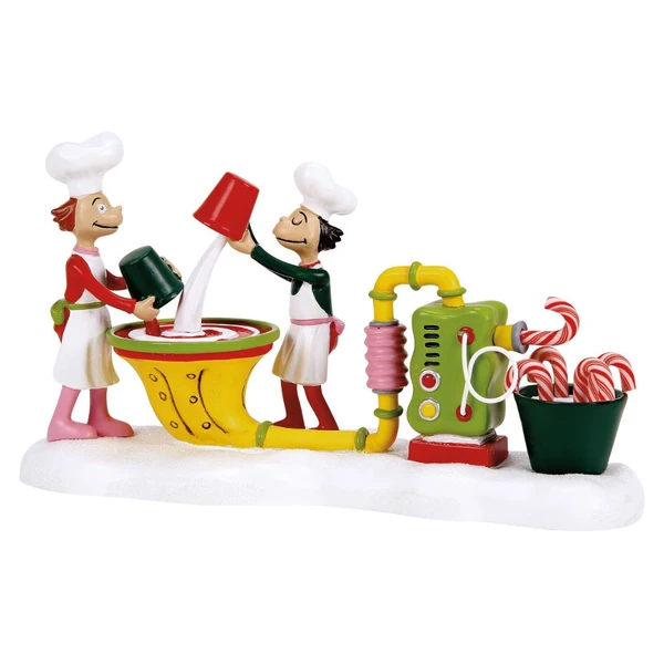 Department 56 Grinch Village Who-ville Candy Crew accessory with two cooks and candy-making machine.
Plastic and polyresin candy crew figurine with striped candy canes, red buckets, and snowy base.
Who-ville Candy Crew accessory displayed beside Who-Ville Candy Cane Twisters building, sold separately.