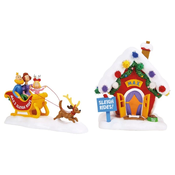 Department 56 Grinch Village Max's Sleigh Rides set with booth and Max pulling a sleigh.
Lighted red sleigh ride booth with snowy roof, colorful trim, and USB cord.
Grinch Village Max's Sleigh Rides S/2 with glitter snow, riders, and Max as reindeer.