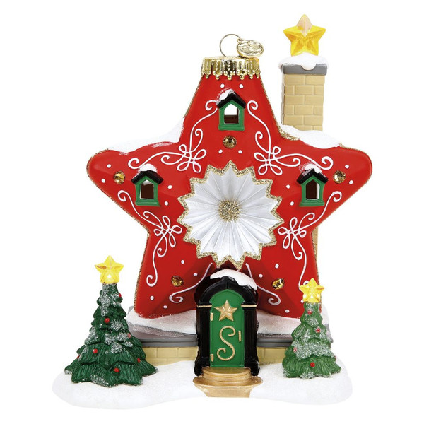 Department 56 Sparkle Star House lighted red ornament-style North Pole Village building.
Retro reflector ornament village house with white scrollwork, gold accents, snowy trees, and star details.
Sparkle Star House building with USB cord and adapter, measuring 7.24 inches high.