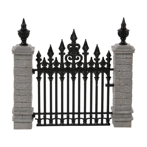 Department 56 Stone Gate accessory with gray stone pillars and black iron-style gate.
Village gate piece with textured stone posts, black finials, and ornate fence detailing.
Iron and polyresin stone gate accessory measuring 3 inches high for village displays.