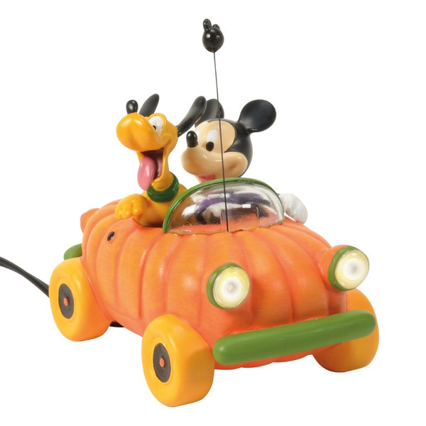 Department 56 Disney Village Arriving In Style accessory with Mickey and Pluto in a pumpkin car.
Pumpkin-shaped car with glowing headlights, green bumper, yellow wheels, and black balloon.
Officially licensed Disney Village accessory made from polyresin and stone powder.