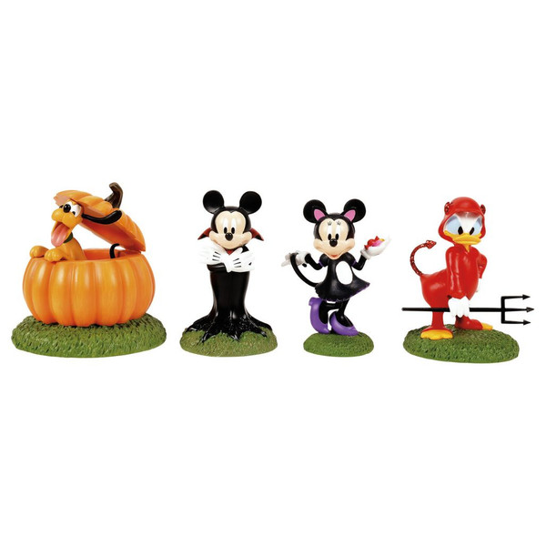 Department 56 Disney Ready For Tricks & Treats set with four Halloween character accessories.
Pluto in a pumpkin, Mickey as a vampire, Minnie in costume, and Donald in red devil costume.
Officially licensed Disney Village accessory set made of metal, calcium carbonate, and resin.