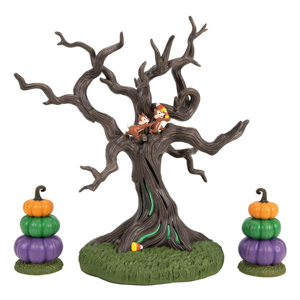 Department 56 Disney Village Not Ready To Share set with Chip and Dale in a gnarled tree.
Lit Halloween tree accessory with candy corn detail and two colorful pumpkin topiaries.
Officially licensed Disney Village set with USB cord and adapter included.
