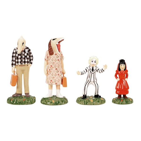Department 56 Beetlejuice Trick or Treaters set with four costumed Halloween village figures.
Officially licensed Beetlejuice Snow Village Halloween figures with masks, candy bags, and grassy bases.
Set of 4 ceramic and zinc alloy trick-or-treat accessories inspired by Beetlejuice characters.