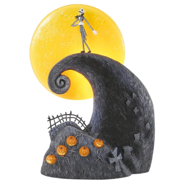 Department 56 Up On Spiral Hill accessory with Jack Skellington, glowing moon, pumpkins, and graveyard details.
Nightmare Before Christmas Village lit Spiral Hill scene with USB cord and adapter shown.
Tall Halloween Town accessory made with LED, metal, calcium carbonate, resin, and USB light cord.