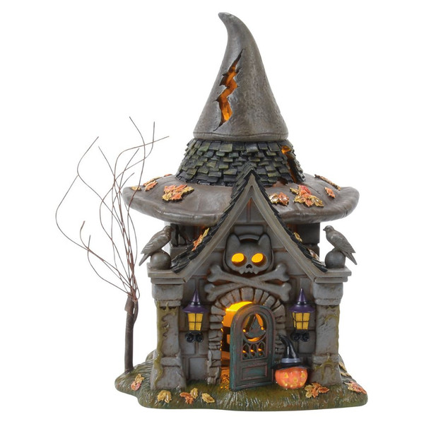 Department 56 Crypt Of The Old Hag lit Halloween accessory with stone crypt, cracked witch-hat roof, skull detail, and pumpkin.
Snow Village Halloween lighted crypt with arched doorway, perched birds, bare tree, autumn leaves, USB cord, and adapter.
50th Crypt Of The Old Hag accessory made with metal, calcium carbonate, resin, and USB light cord.