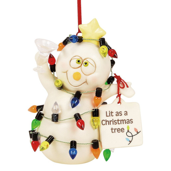 Snowpinions snowman ornament wrapped in colorful Christmas lights with a yellow star topper.
Creamy bisque snowman ornament holding a glass and tag reading “Lit as a Christmas tree.”
Side and back views of Snowpinions ornament with red hanging ribbon and hand-painted details.