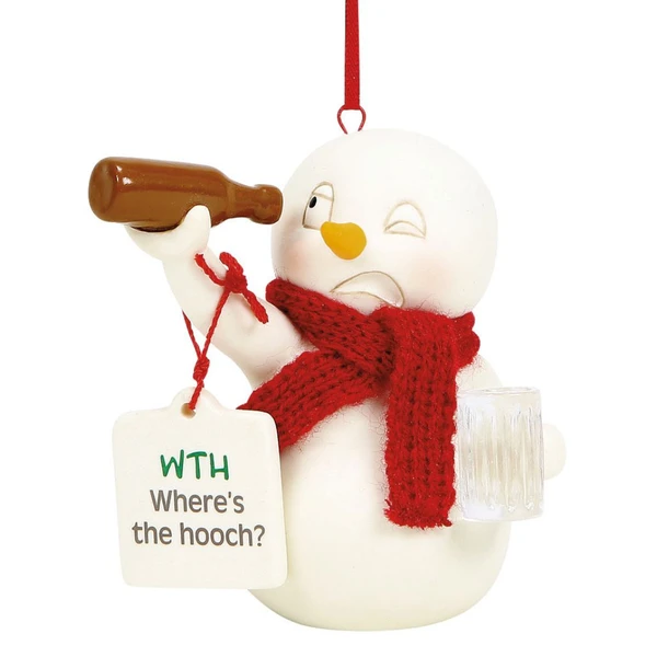 Snowpinions snowman ornament wearing a red scarf and holding a bottle and mug.
Creamy bisque snowman ornament with tag reading “WTH Where’s the hooch?”
Side and back views of Snowpinions ornament with red hanging ribbon and hand-painted details.