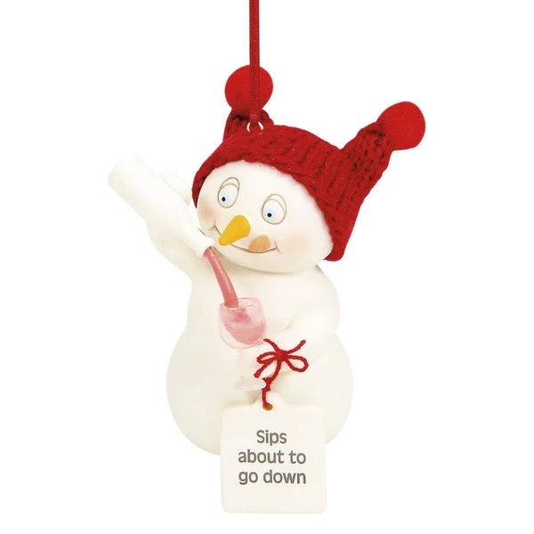 Snowpinions snowman ornament wearing a red knit hat and drinking from a pink cup.
Creamy bisque snowman ornament with tag reading “Sips about to go down.”
Side and back views of Snowpinions ornament with red hanging ribbon and red hat.