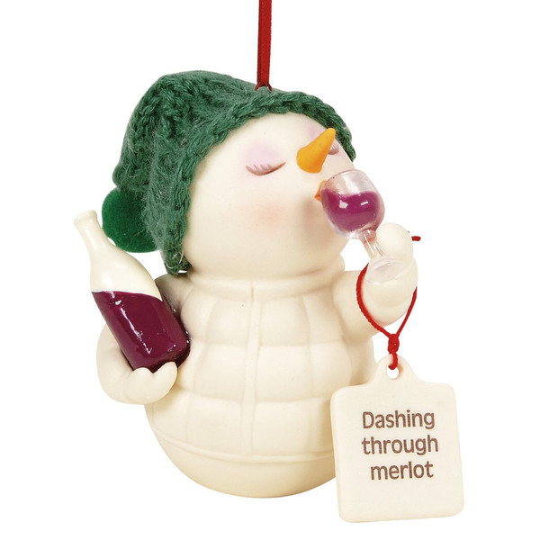 Snowpinions snowman ornament wearing a green knit hat and sipping merlot.
Creamy bisque porcelain snowman holding a wine bottle with “Dashing through merlot” tag.
Side and back views of wine-themed Snowpinions ornament with red hanging ribbon.